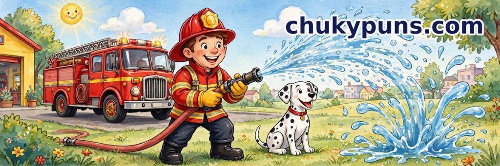 Cartoon firefighter spraying water from a hose beside a Dalmatian, with a red fire truck behind him