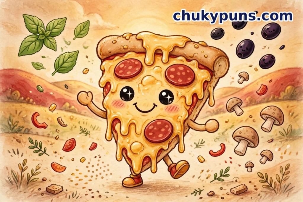 Smiling cartoon pizza slice with pepperoni and melting cheese, surrounded by basil, olives and mushrooms