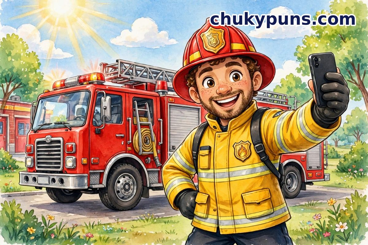Smiling cartoon firefighter taking a selfie with a phone in front of a red fire truck