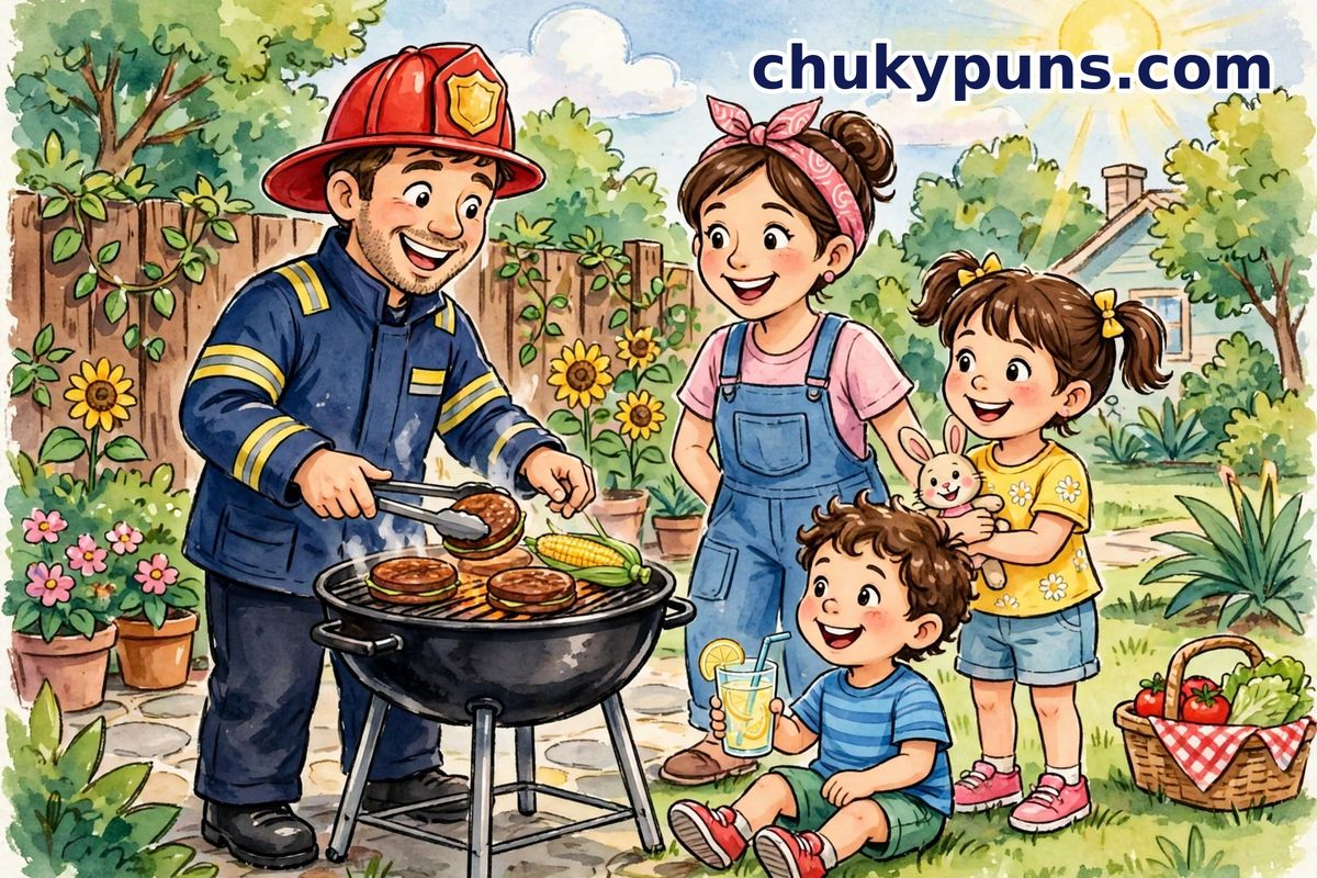 Cartoon firefighter grilling burgers at a backyard barbecue while a woman and two children watch