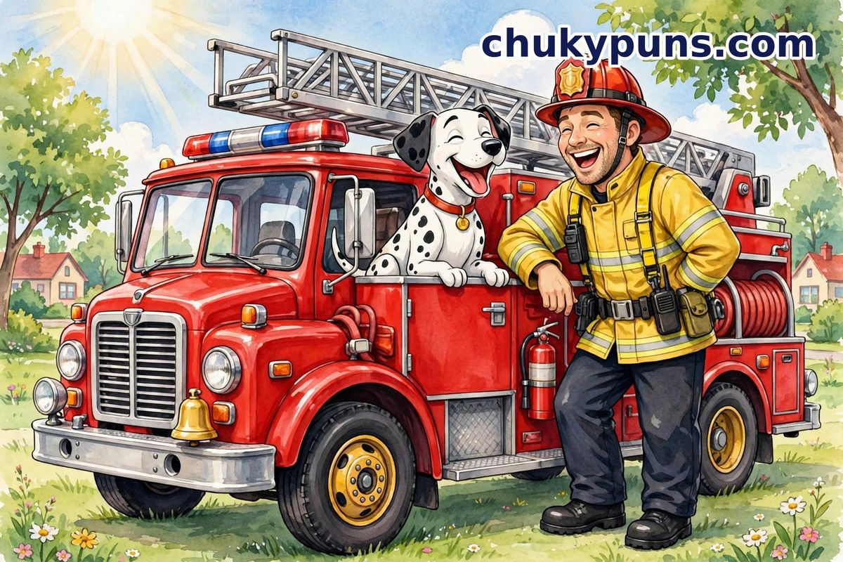 Laughing cartoon firefighter leaning against a red fire truck beside a happy Dalmatian