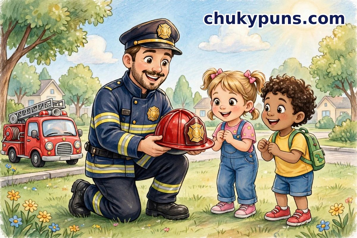 Cartoon firefighter kneeling and showing a red helmet to two excited children, with a small fire truck behind them