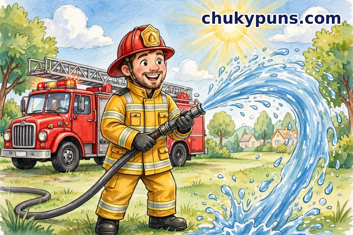 Smiling cartoon firefighter in yellow turnout gear spraying a large arc of water in front of a red ladder truck
