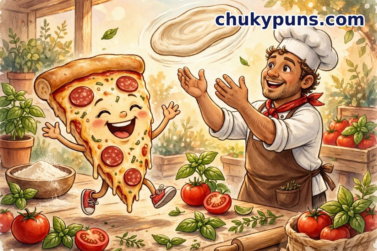 Laughing cartoon pizza slice beside a chef tossing pizza dough, with tomatoes and basil on a table
