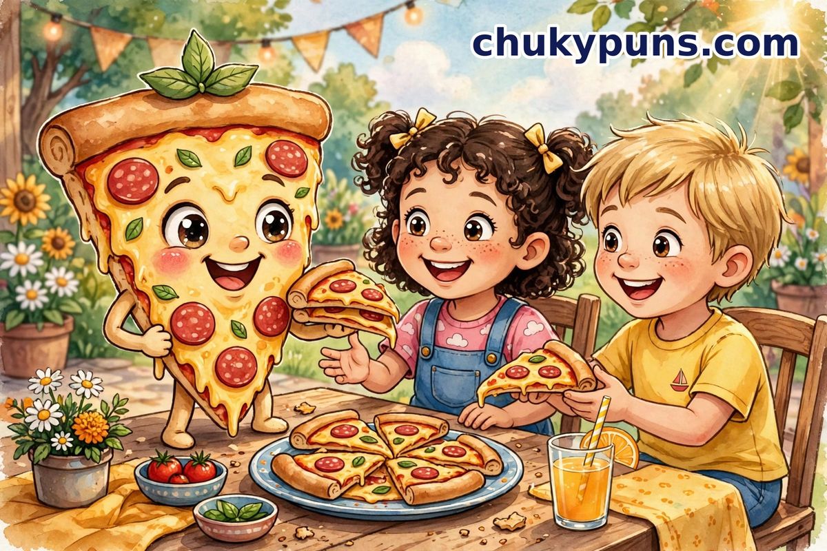 Two smiling children sharing pizza slices with a cartoon pizza character at a garden table