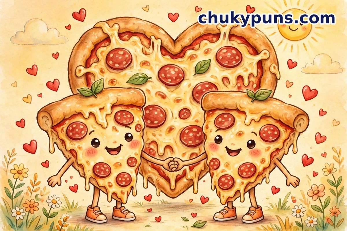 Two cartoon pizza slices holding hands in front of a heart-shaped pepperoni pizza surrounded by hearts