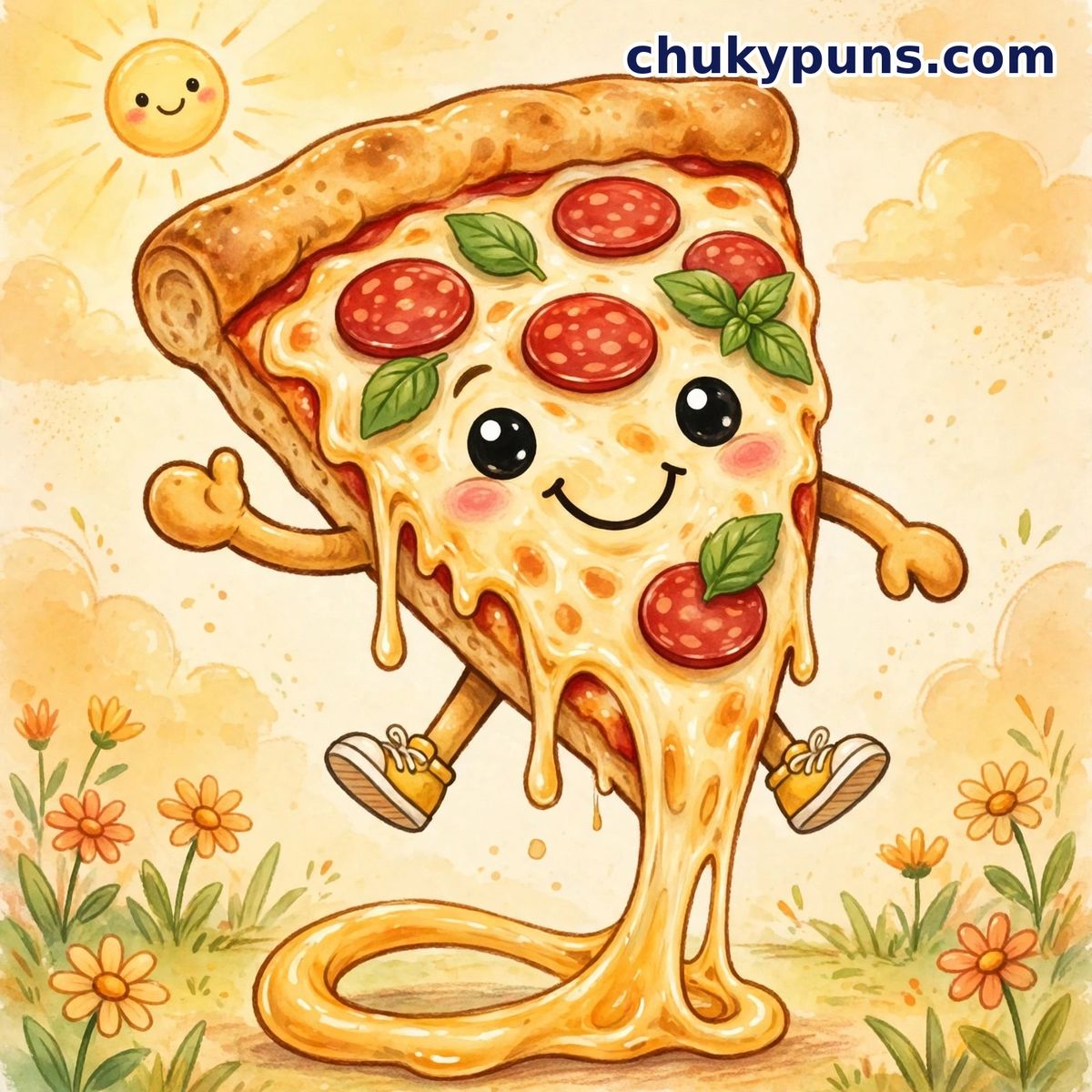 Smiling cartoon pizza slice dancing in a sunny flower field with a long cheese pull